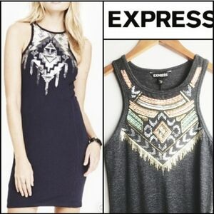 𝅺NEW! EXPRESS Gray Knit Embellished Neckline Dress Small.